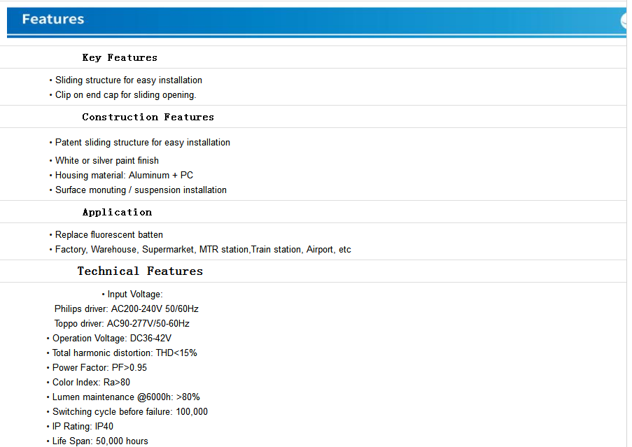 120DEG SMD2835 internel driver led single batten