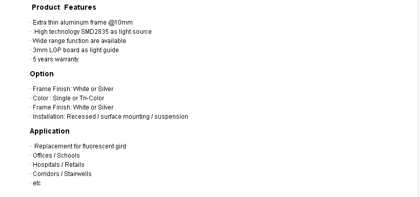 standard sizes panel led light